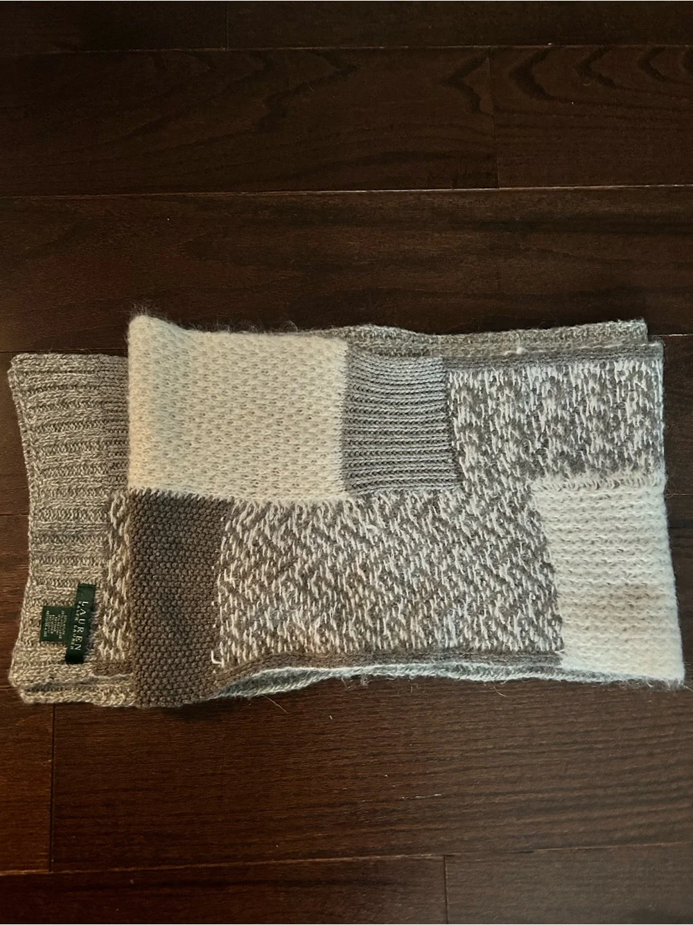 Lauren Ralph Lauren Cream and Gray Patchwork Knit scarf